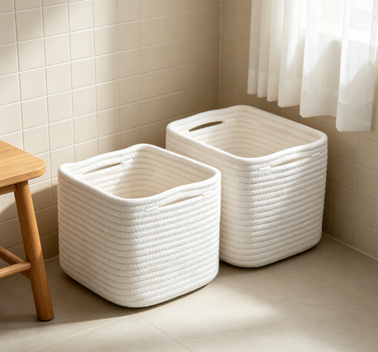 Solid-Color Foldable Cotton Rope Storage Basket – Square Fabric Organizer for Bedrooms - Image 2