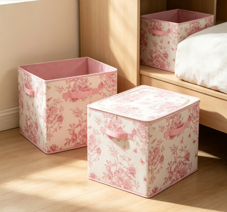 Collapsible Fabric Storage Box with Vintage Floral Pattern (with Handles)