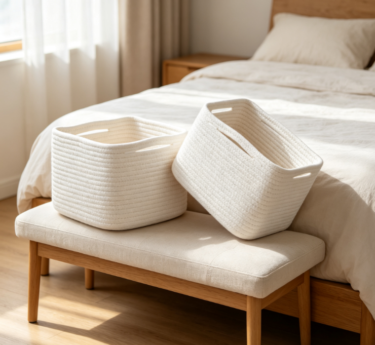 Solid-Color Foldable Cotton Rope Storage Basket – Square Fabric Organizer for Bedrooms