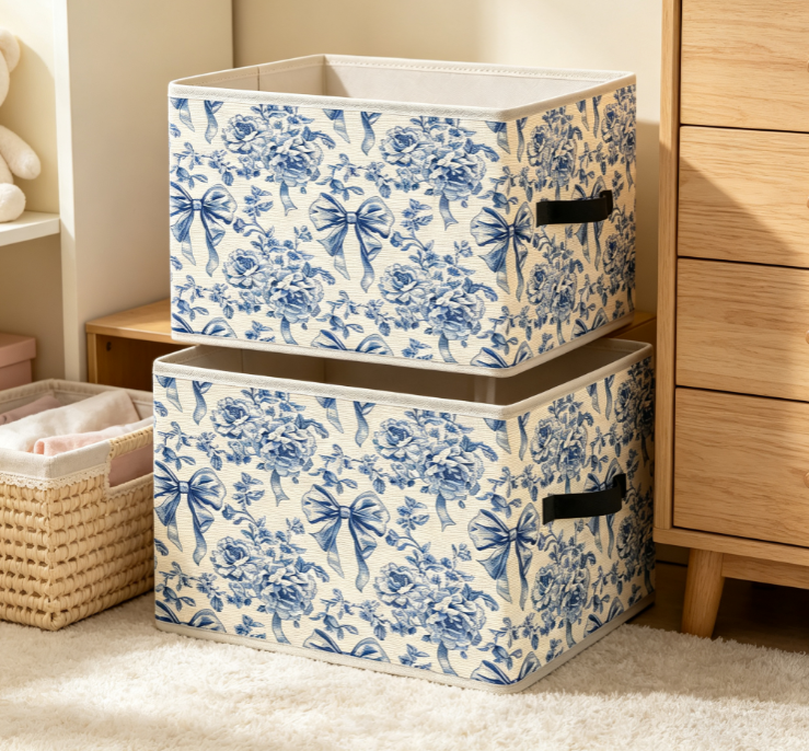 Foldable Fabric Storage Bin with Blue Rose & Bow Print – Open-Top Organizer with Handles - Image 2