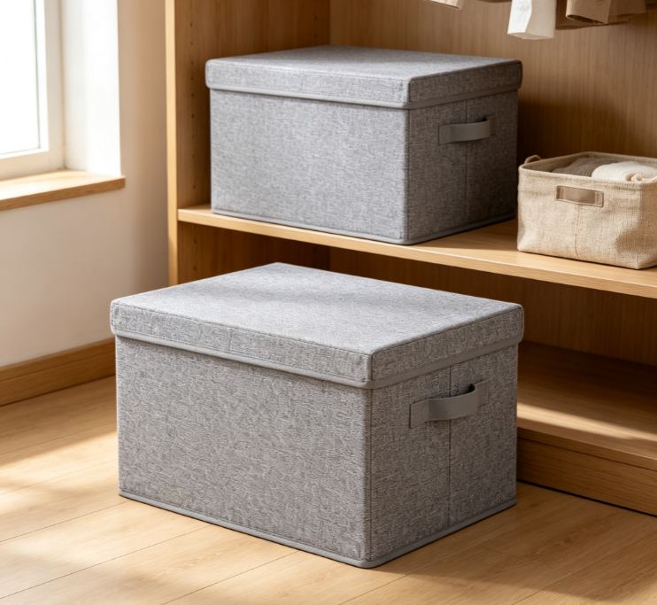 Collapsible Faux-Linen Storage Box with Lid – Solid-Color Stackable Closet Organizer - Image 2
