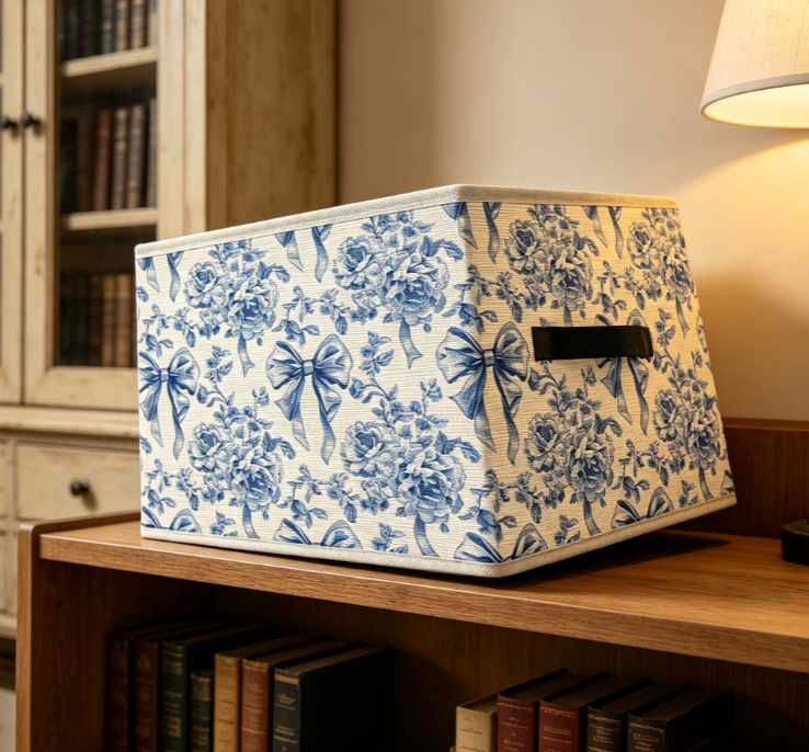 Foldable Fabric Storage Bin with Blue Rose & Bow Print – Open-Top Organizer with Handles