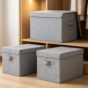 Collapsible Faux-Linen Storage Box with Lid – Solid-Color Stackable Closet Organizer