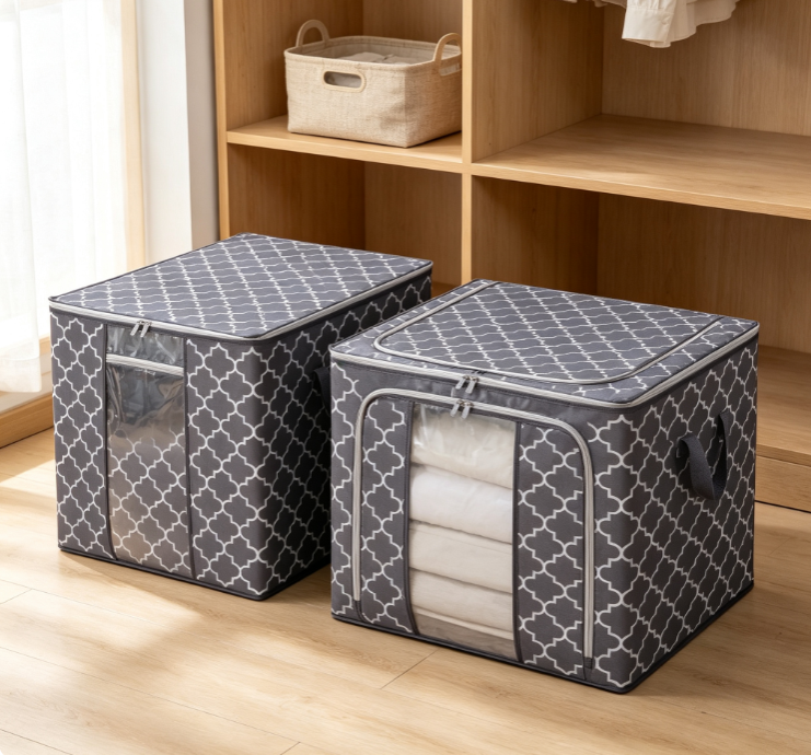 Gray Checkered Print Foldable Fabric Storage Box (with Transparent Window and Zipper Closure) - Image 2