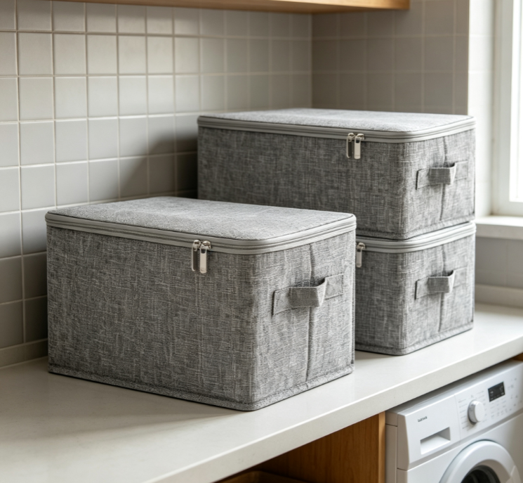 Solid-Color Foldable Fabric Storage Box – Stackable Faux-Linen Closet Organizer with Zipper - Image 2