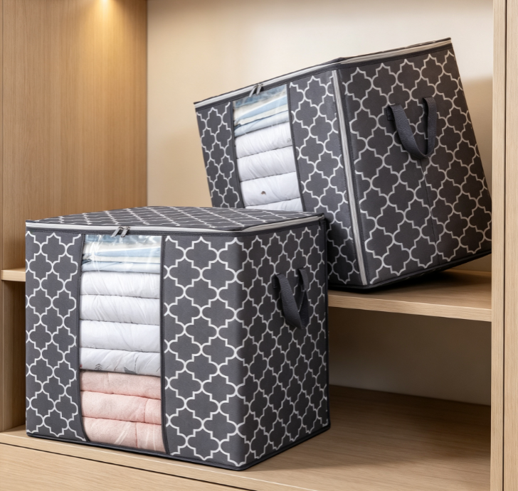 Gray Checkered Print Foldable Fabric Storage Box (with Transparent Window and Zipper Closure)