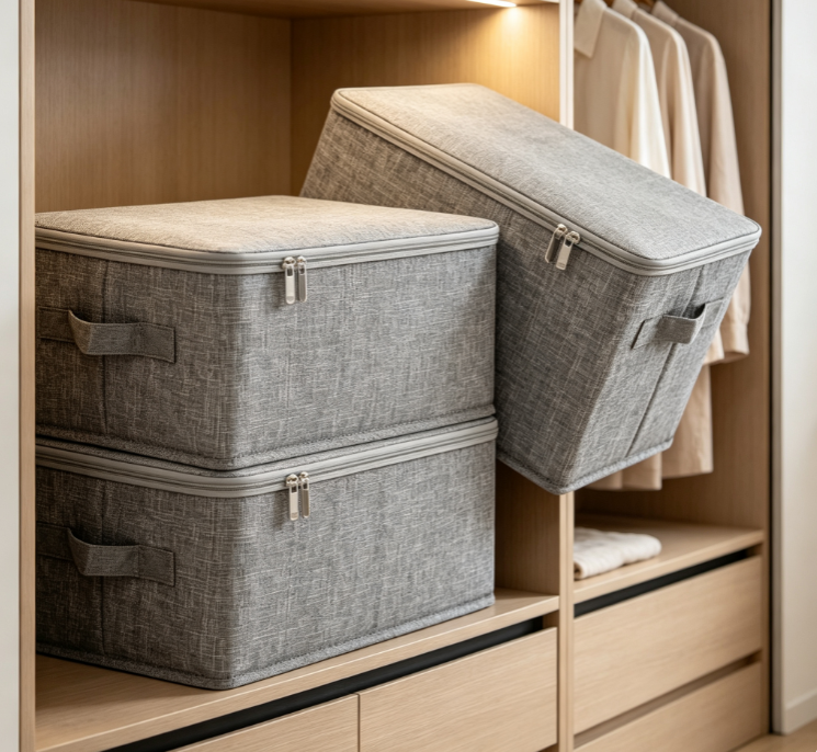 Solid-Color Foldable Fabric Storage Box – Stackable Faux-Linen Closet Organizer with Zipper