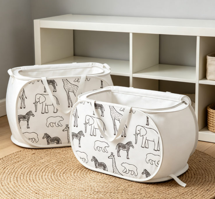 Foldable Fabric Toy Storage Basket with Animal Sketch Print (Portable Zippered Storage Bin for Kids) - Image 2