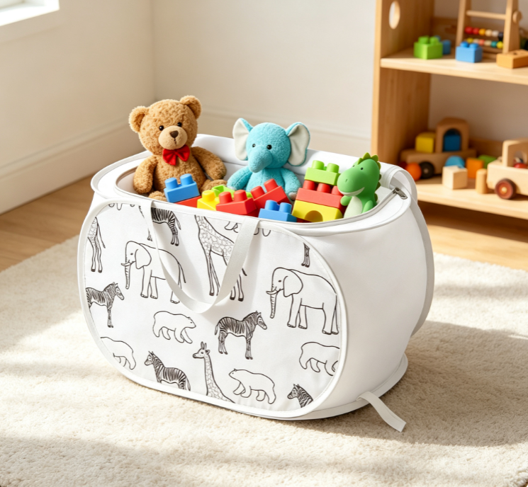 Foldable Fabric Toy Storage Basket with Animal Sketch Print (Portable Zippered Storage Bin for Kids)