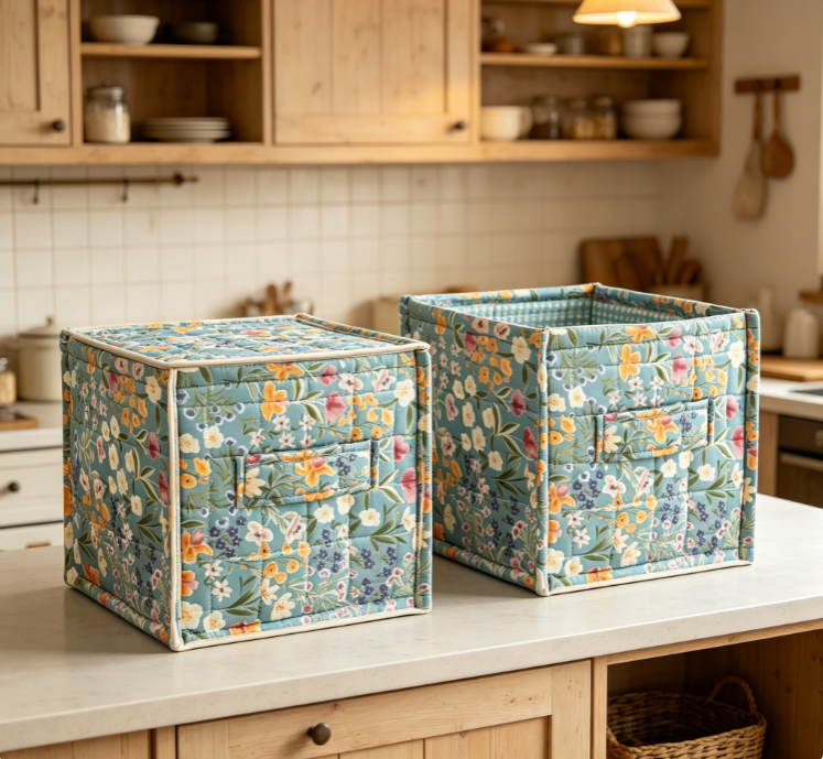 Vintage-Style Floral Quilted Collapsible Fabric Storage Box (Open-top design with side pocket) - Image 2