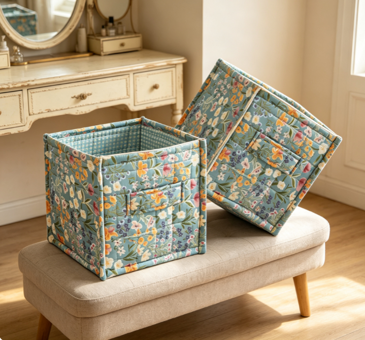 Vintage-Style Floral Quilted Collapsible Fabric Storage Box (Open-top design with side pocket)