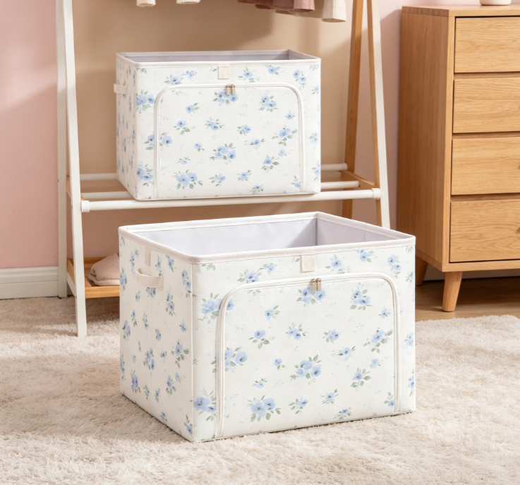 Light Blue Floral Fabric Cube Storage Box – Open-Top Closet Organizer - Image 2