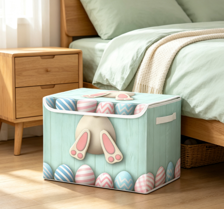 Cute Easter Bunny & Colorful Egg Print Collapsible Fabric Storage Box with Lid - Image 2