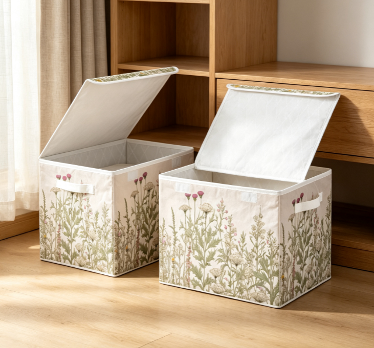 Foldable Fabric Storage Box with Lid – Vintage Botanical Print - Image 2