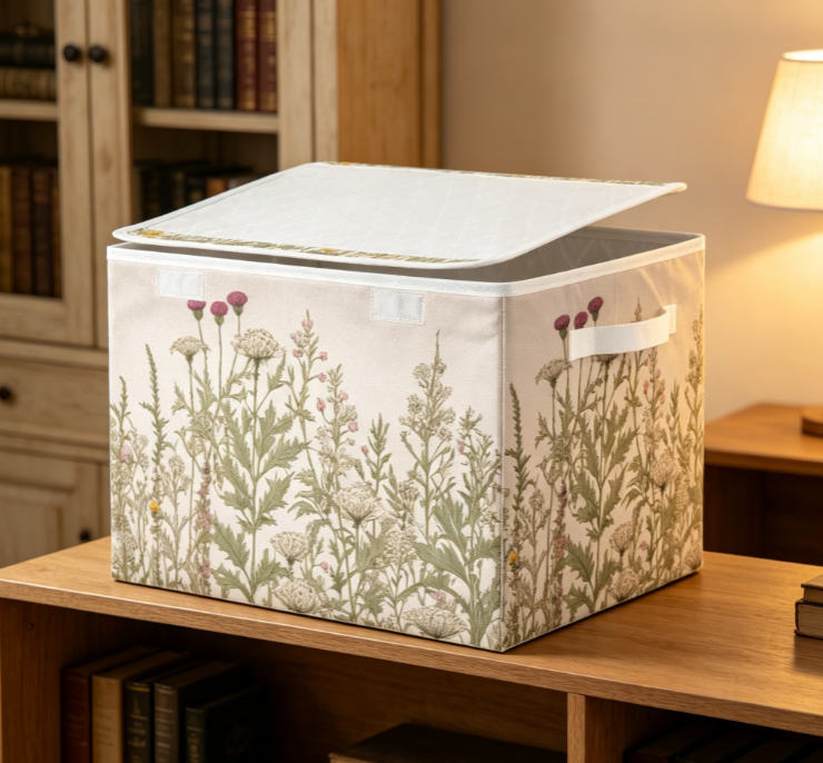 Foldable Fabric Storage Box with Lid – Vintage Botanical Print