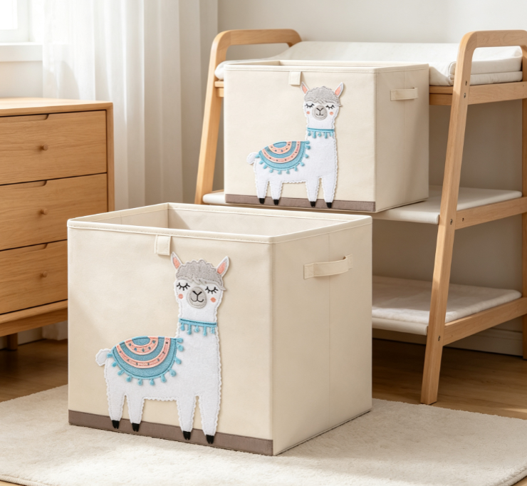 Square Fabric Storage Box with Cute Alpaca Appliqué and Handles - Image 2