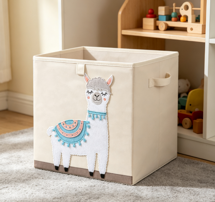 Square Fabric Storage Box with Cute Alpaca Appliqué and Handles