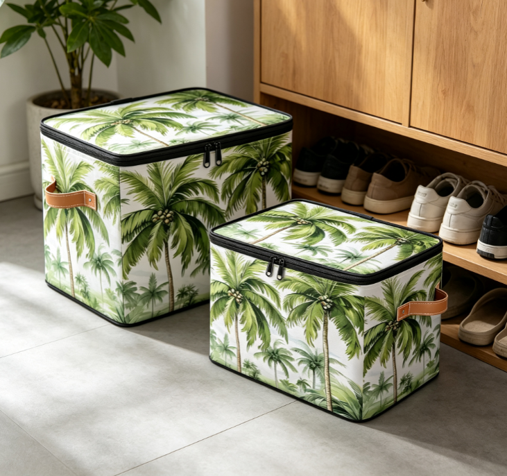 Tropical Palm Print Foldable Fabric Storage Box – Zippered Wardrobe Organizer with PU Handles - Image 2