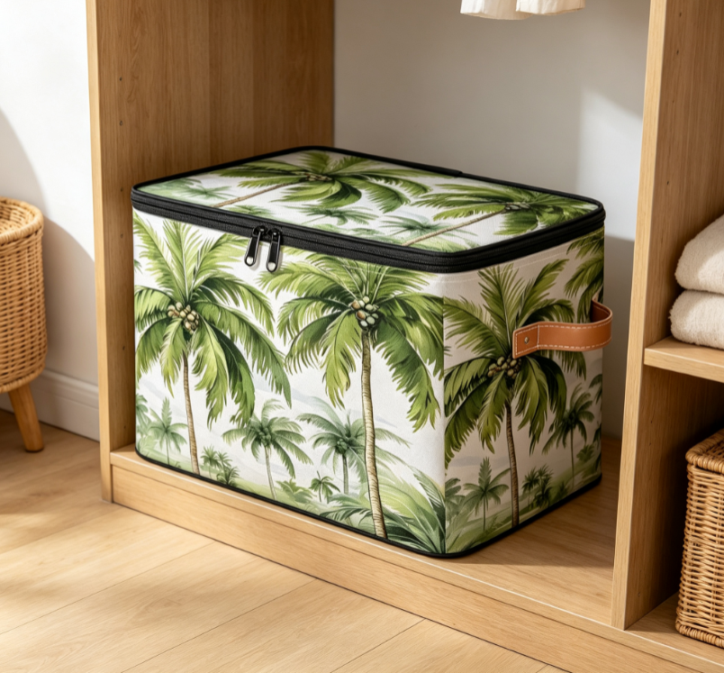 Tropical Palm Print Foldable Fabric Storage Box – Zippered Wardrobe Organizer with PU Handles