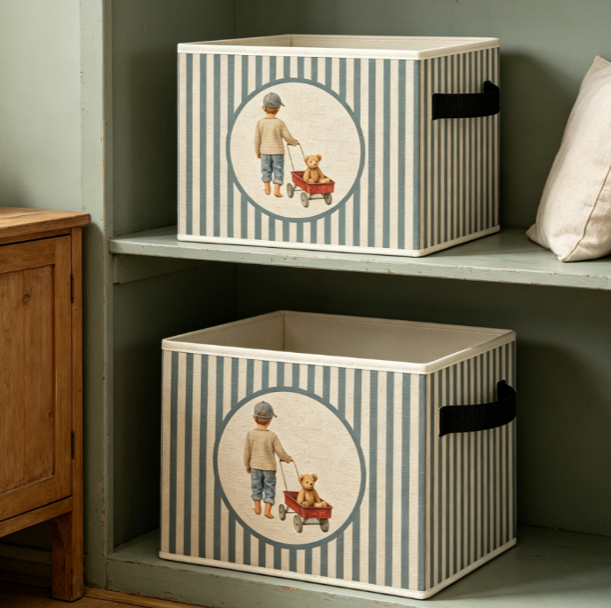 Vintage Striped Emblem Print Foldable Fabric Storage Box (with Handles) - Image 2