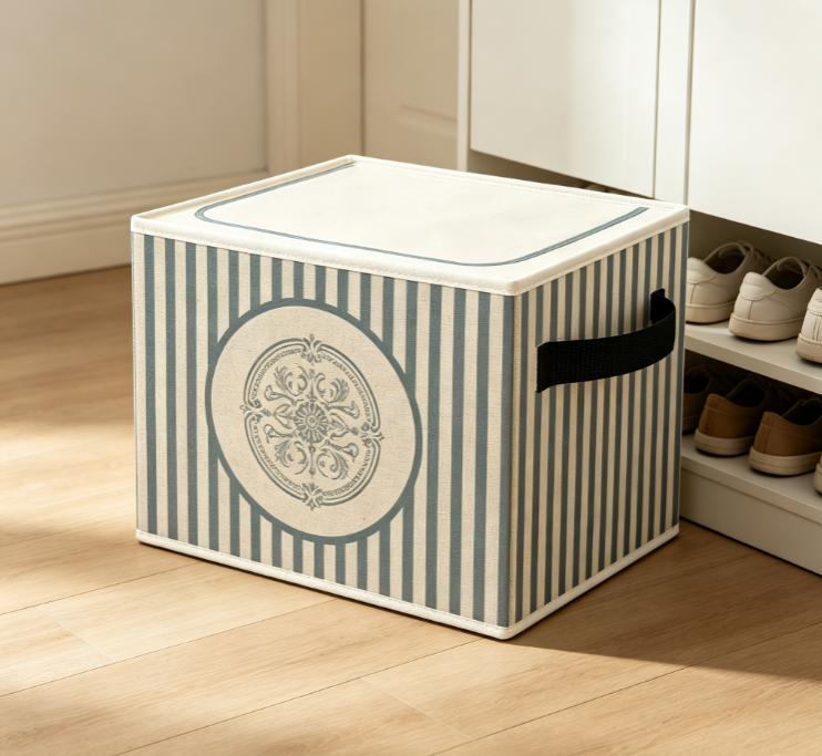 Vintage Striped Emblem Print Foldable Fabric Storage Box (with Handles)
