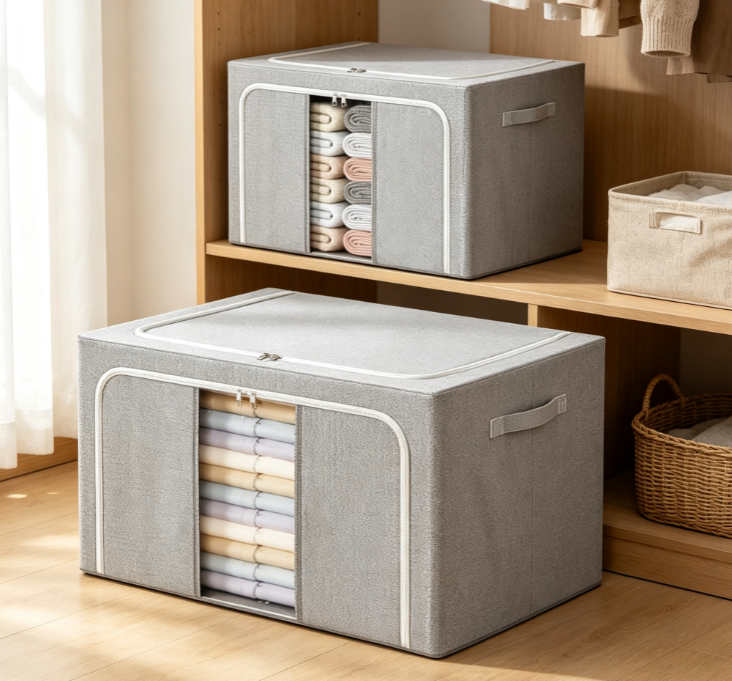 Foldable Linen-Look Storage Box with Clear Window & Reinforced Steel Frame - Image 2