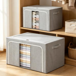 Foldable Linen-Look Storage Box with Clear Window & Reinforced Steel Frame