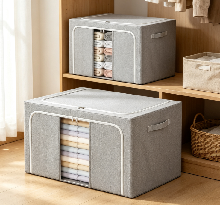 Foldable Linen-Look Storage Box with Clear Window & Reinforced Steel Frame