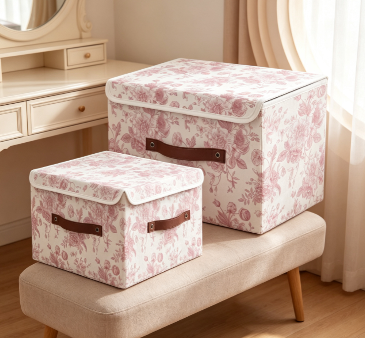 Dusty Pink Vintage Floral Foldable Fabric Storage Box – Flip-Top Organizer with PU Handles - Image 2