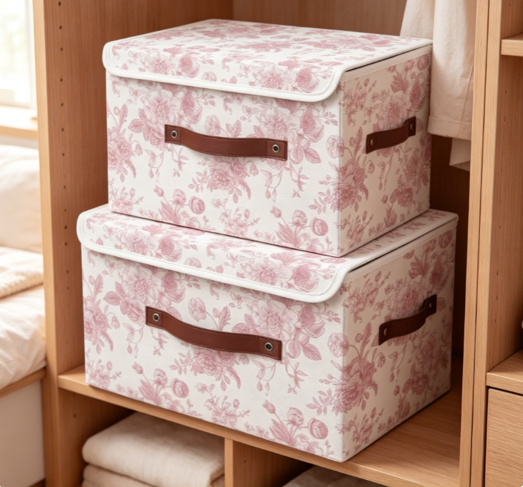 Dusty Pink Vintage Floral Foldable Fabric Storage Box – Flip-Top Organizer with PU Handles