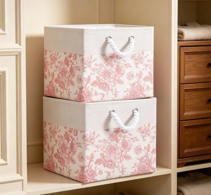 Pink Floral Print Collapsible Fabric Storage Cube (with Rope Handles) - Image 2