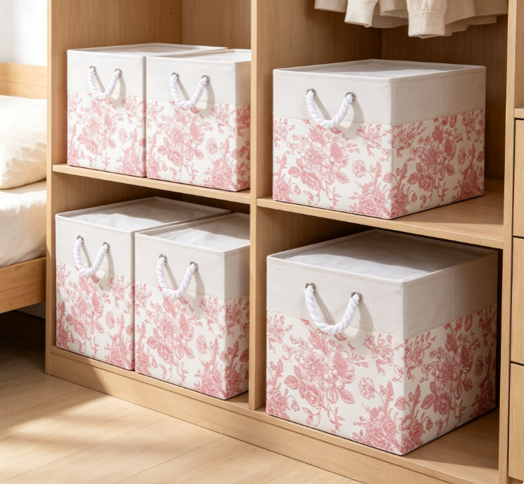 Pink Floral Print Collapsible Fabric Storage Cube (with Rope Handles)