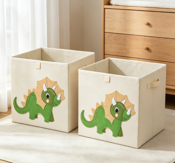 Cute Triceratops Appliqué Foldable Fabric Storage Cube (Open-Top Kids' Toy Bin with Handles) - Image 2