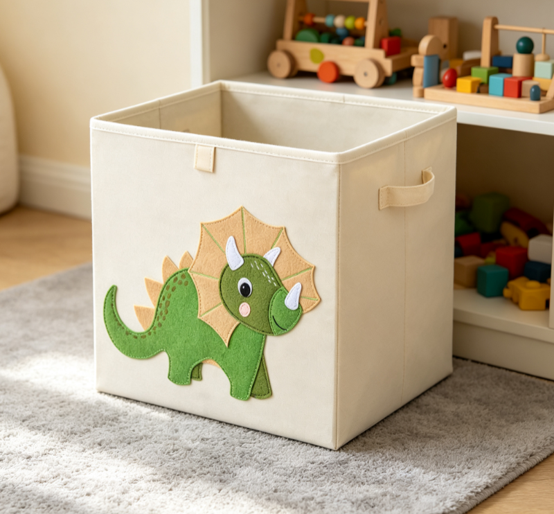 Cute Triceratops Appliqué Foldable Fabric Storage Cube (Open-Top Kids' Toy Bin with Handles)