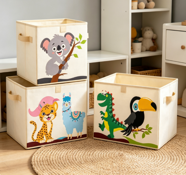 Cartoon Wildlife Print Foldable Fabric Storage Cube Set (with Handles) - Image 2