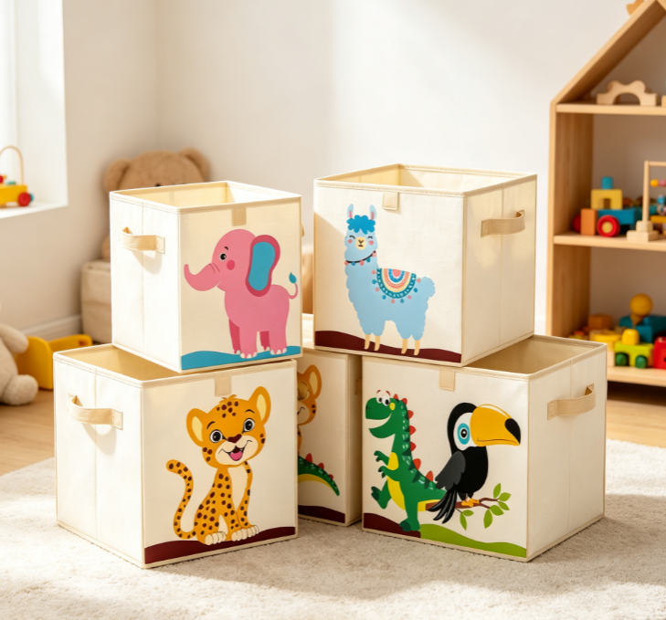 Cartoon Wildlife Print Foldable Fabric Storage Cube Set (with Handles)