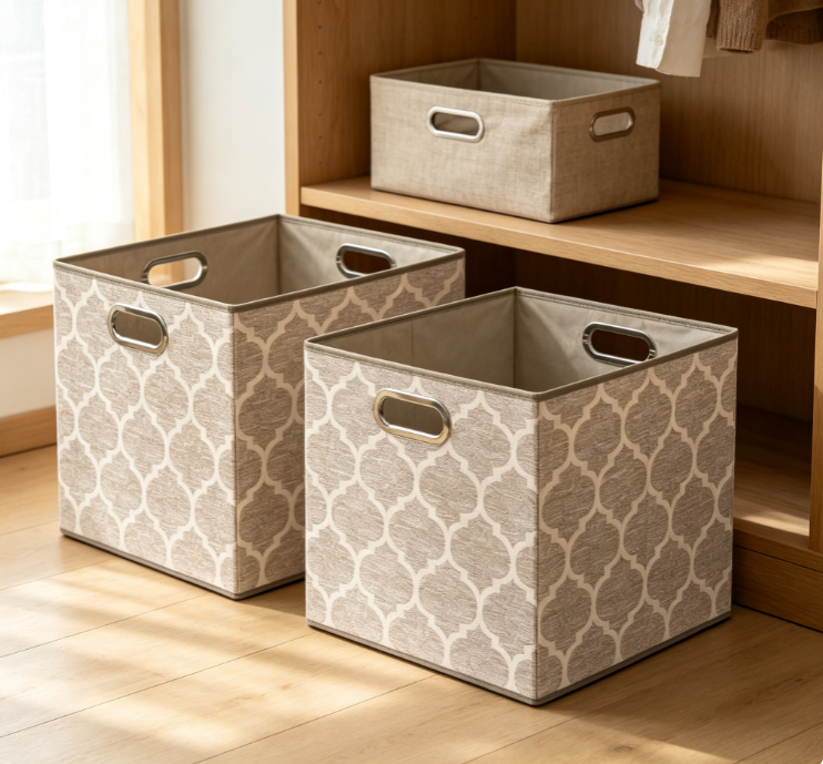 Beige Diamond-Pattern Foldable Fabric Storage Cube with Metal Cut-out Handles - Image 2
