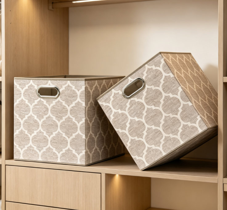 Beige Diamond-Pattern Foldable Fabric Storage Cube with Metal Cut-out Handles
