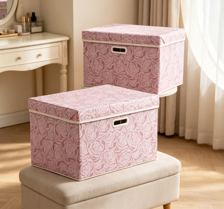 Pink Rose-Jacquard Collapsible Fabric Storage Box with Lid – Wardrobe Organizer - Image 2