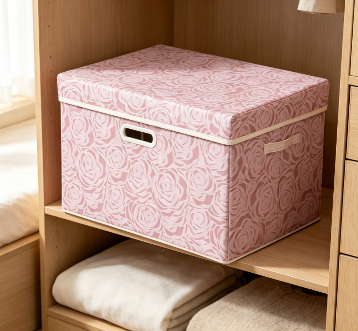Pink Rose-Jacquard Collapsible Fabric Storage Box with Lid – Wardrobe Organizer