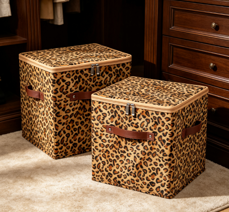 Leopard-Print Collapsible Fabric Storage Box with Zipper (PU Leather Handles) - Image 2