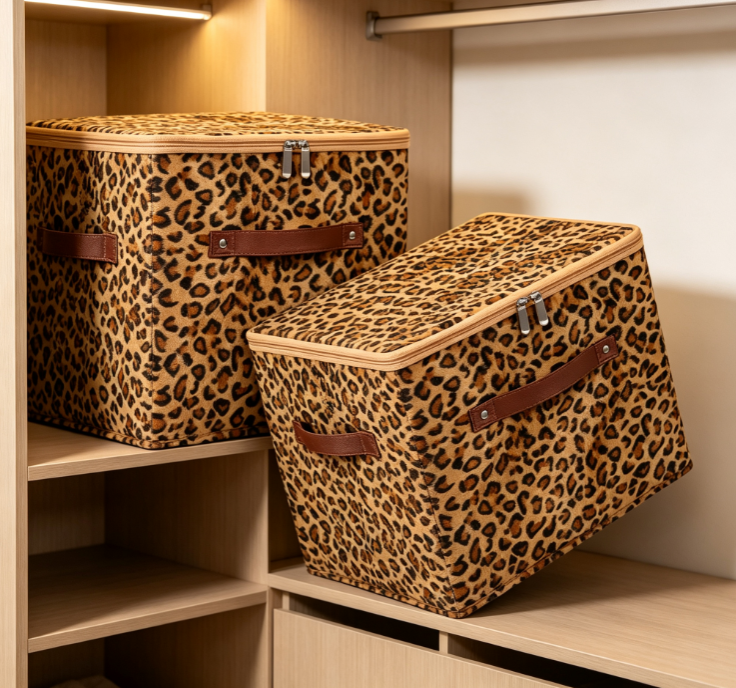 Leopard-Print Collapsible Fabric Storage Box with Zipper (PU Leather Handles)