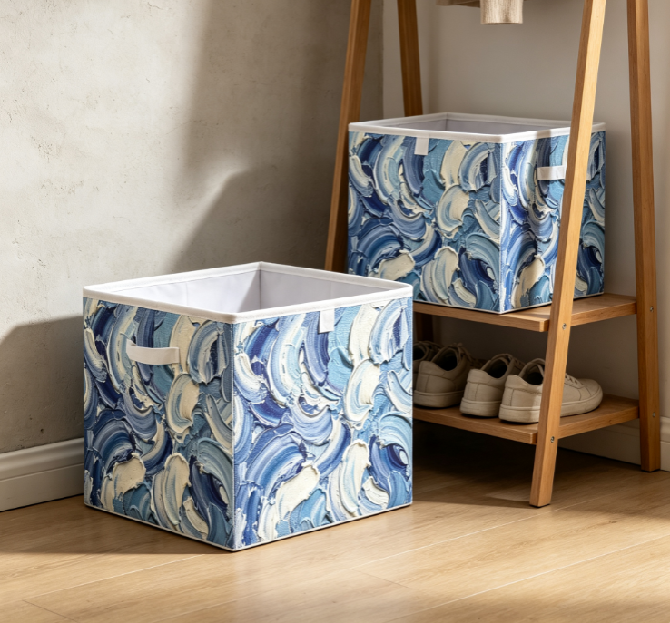 Blue Impasto Oil Painting Style Collapsible Fabric Storage Box (Open-top with Fabric Handles) - Image 2