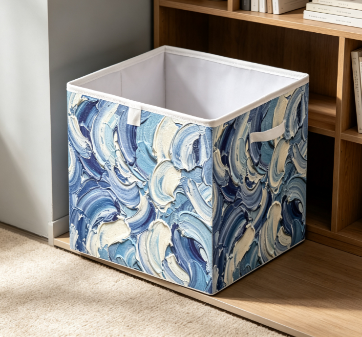 Blue Impasto Oil Painting Style Collapsible Fabric Storage Box (Open-top with Fabric Handles)