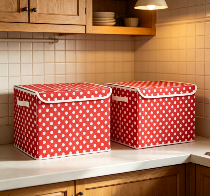 Collapsible Fabric Storage Box with Zipper – Red with White Polka Dots (Dual-Handle Design) - Image 2