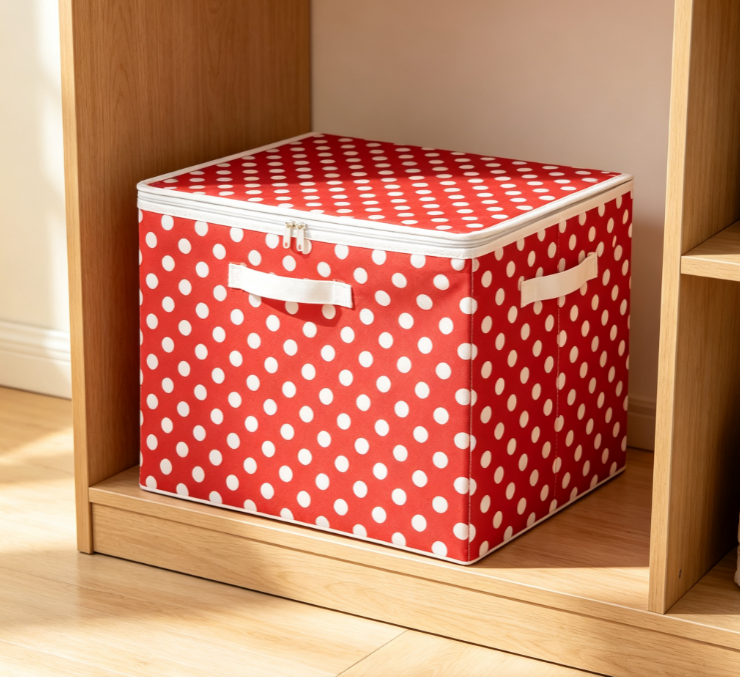 Collapsible Fabric Storage Box with Zipper – Red with White Polka Dots (Dual-Handle Design)