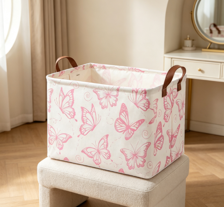 Pink Butterfly Print Foldable Fabric Storage Basket – Open-Top Organizer with PU Handles - Image 2