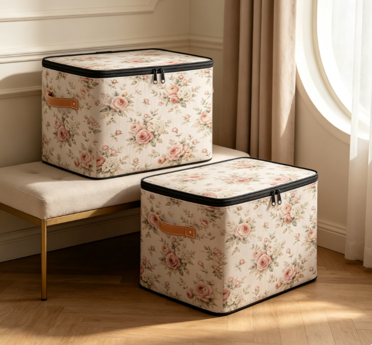 Vintage Rose Floral Print Foldable Fabric Storage Box (with Zippered Lid) - Image 2