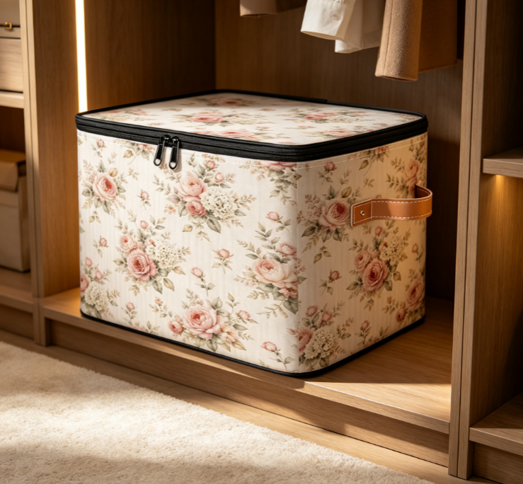 Vintage Rose Floral Print Foldable Fabric Storage Box (with Zippered Lid)