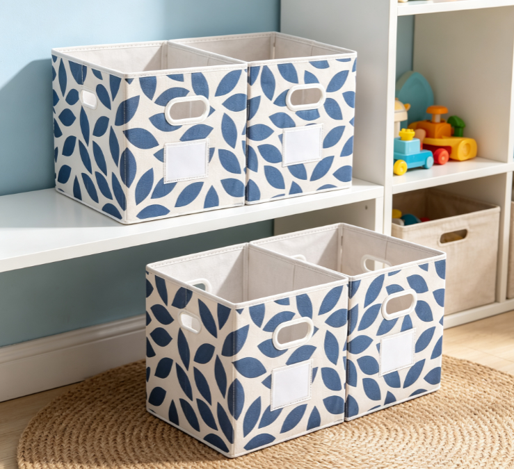 Foldable Fabric Storage Cube with Blue Leaf Pattern – Open-Top Closet Organizer with Label Holder - Image 2